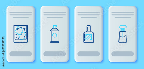 Set line Shaving gel foam, Aftershave, Glass of whiskey and ice cubes and Cream or lotion cosmetic tube icon. Vector
