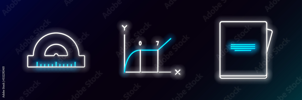 Set line Notebook, Protractor grid for measuring degrees and Pie chart infographic icon. Glowing neon. Vector Set line Notebook, Protractor grid for measuring degrees and Pie chart infographic icon. Glowing neon. Vector