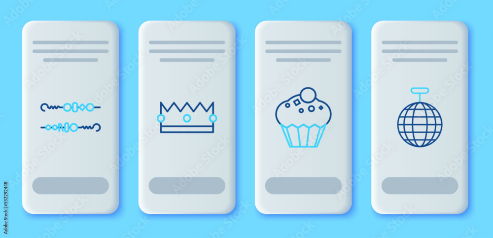 Set line Crown, Muffin, Grilled shish kebab and Disco ball icon. Vector Set line Crown, Muffin, Grilled shish kebab and Disco ball icon. Vector