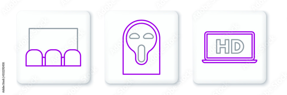 Set line Laptop screen with HD video technology, and Funny and scary ghost mask icon. Vector Set line Laptop screen with HD video technology, and Funny and scary ghost mask icon. Vector