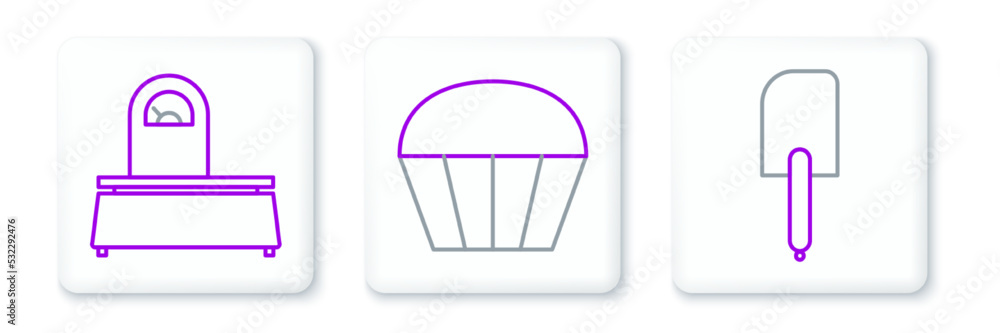 Set line Spatula, Scales and Muffin icon. Vector Set line Spatula, Scales and Muffin icon. Vector