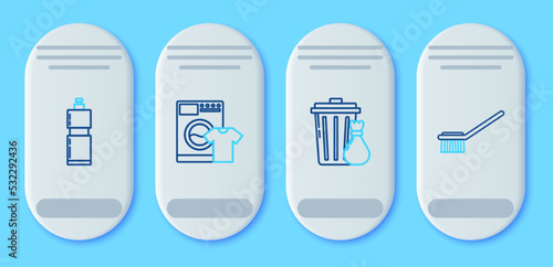 Set line Washer and t-shirt, Trash can garbage bag, Plastic bottles for liquid dishwashing liquid and Toilet brush icon. Vector