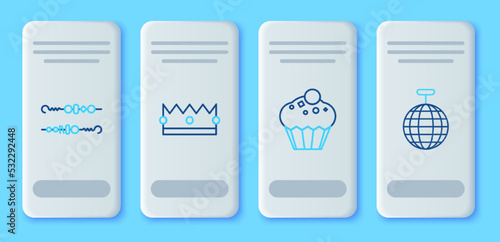 Set line Crown, Muffin, Grilled shish kebab and Disco ball icon. Vector