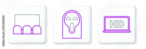 Set line Laptop screen with HD video technology, and Funny and scary ghost mask icon. Vector