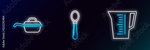 Set line Measuring cup, Frying pan and Spoon icon. Glowing neon. Vector