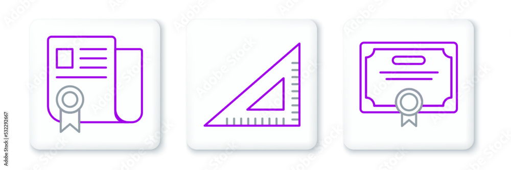 Set line Certificate template, and Triangular ruler icon. Vector Set line Certificate template, and Triangular ruler icon. Vector