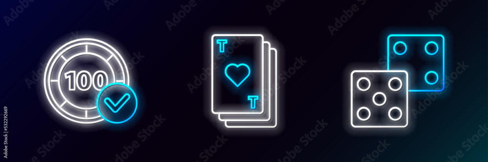 Set line Game dice, Casino chips and Playing card with heart icon. Glowing neon. Vector Set line Game dice, Casino chips and Playing card with heart icon. Glowing neon. Vector