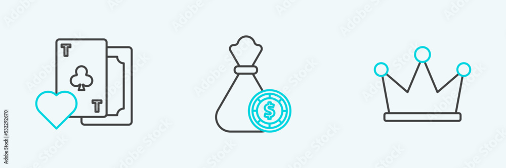 Set line Crown, Playing card with clubs symbol and Money bag and casino chips icon. Vector