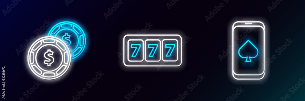 Set line Online poker table game, Casino chip with dollar and Slot machine lucky sevens jackpot icon. Glowing neon. Vector Set line Online poker table game, Casino chip with dollar and Slot machine lucky sevens jackpot icon. Glowing neon. Vector