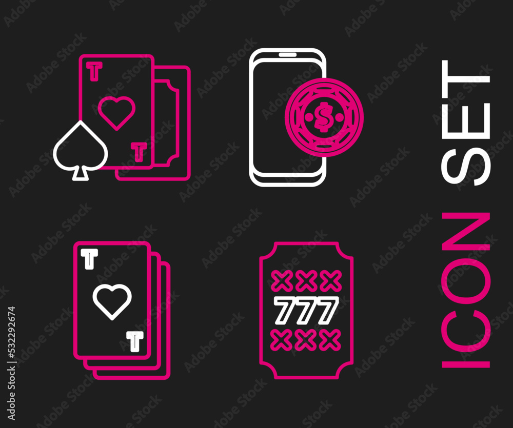 Set line Slot machine with lucky sevens jackpot, Playing card heart, Online poker table game and icon. Vector Set line Slot machine with lucky sevens jackpot, Playing card heart, Online poker table game and icon. Vector
