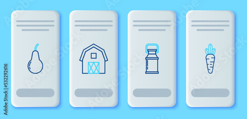 Set line Farm House concept, Can container for milk, Pear and Carrot icon. Vector