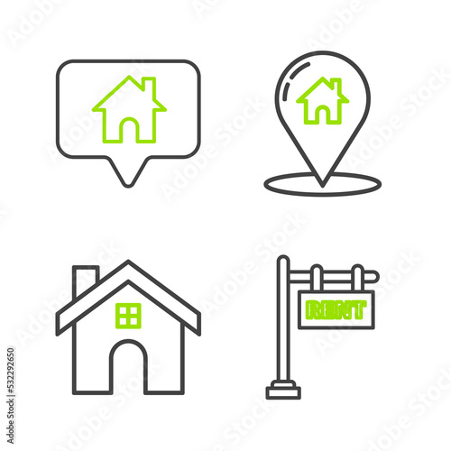 Set line Hanging sign with text Rent, House, Map pointer house and icon. Vector