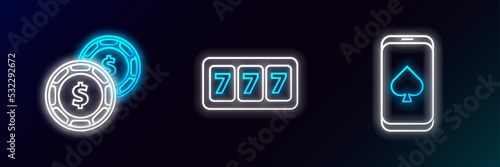 Set line Online poker table game, Casino chip with dollar and Slot machine lucky sevens jackpot icon. Glowing neon. Vector