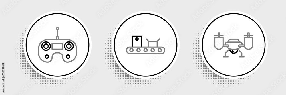 Set line Drone flying with action camera, Remote control and Conveyor belt cardboard box icon. Vector Set line Drone flying with action camera, Remote control and Conveyor belt cardboard box icon. Vector