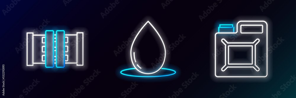 Set line Canister for gasoline, Industry metallic pipes and valve and Oil drop icon. Glowing neon. Vector Set line Canister for gasoline, Industry metallic pipes and valve and Oil drop icon. Glowing neon. Vector