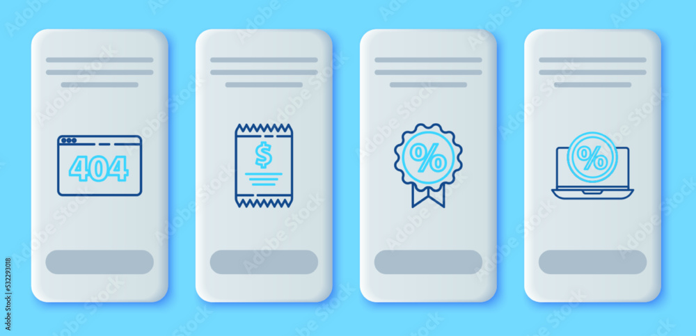 Set line Paper check and financial check, Discount percent tag, Page with 404 error and Percent discount laptop icon. Vector Set line Paper check and financial check, Discount percent tag, Page with 404 error and Percent discount laptop icon. Vector