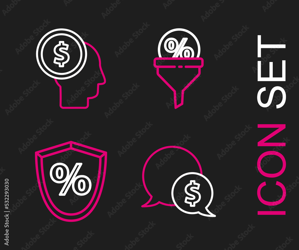 Set line Speech bubble with dollar, Loan percent, Lead management and Business planning mind icon. Vector Set line Speech bubble with dollar, Loan percent, Lead management and Business planning mind icon. Vector