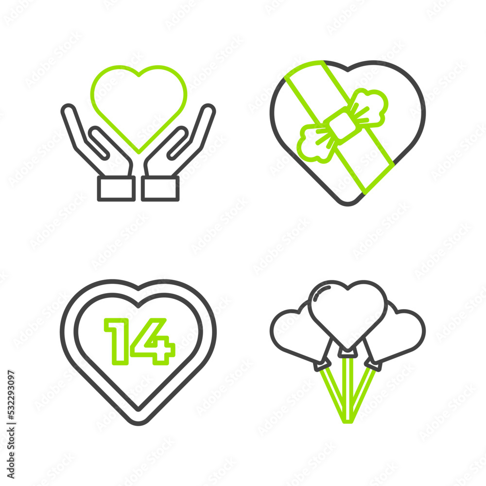 Set line Balloons in form of heart, Heart, Candy shaped box and hand icon. Vector Set line Balloons in form of heart, Heart, Candy shaped box and hand icon. Vector
