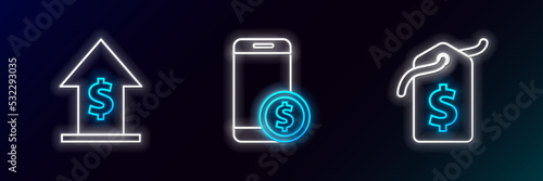 Set line Price tag with dollar, Financial growth and coin and Smartphone icon. Glowing neon. Vector