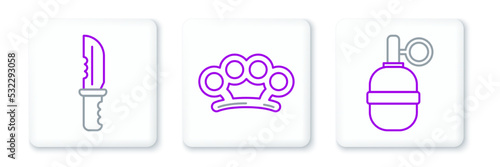Set line Hand grenade, Military knife and Brass knuckles icon. Vector