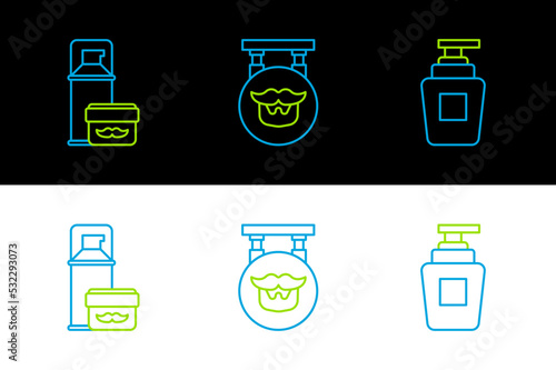 Set line Bottle of shampoo, Shaving gel foam and Barbershop icon. Vector
