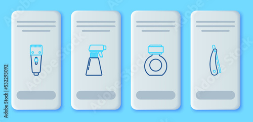 Set line Hairdresser pistol spray bottle, Aftershave, Electrical hair clipper or shaver and Straight razor icon. Vector