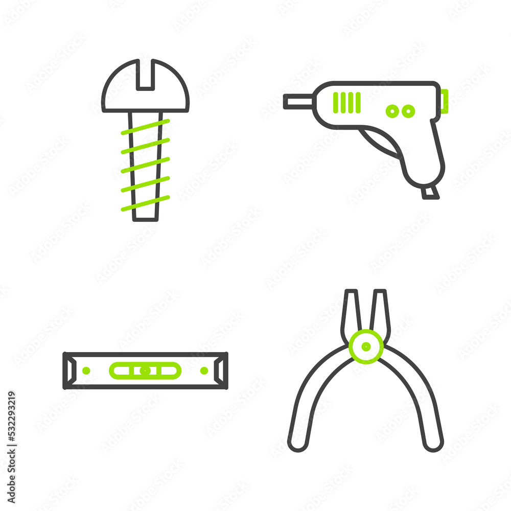 Set line Pliers tool, Construction bubble level, Electric hot glue gun and Metallic screw icon. Vector Set line Pliers tool, Construction bubble level, Electric hot glue gun and Metallic screw icon. Vector