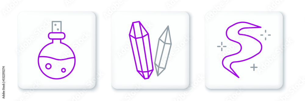 Set line Magic fog or smoke, Bottle with love potion and stone icon. Vector Set line Magic fog or smoke, Bottle with love potion and stone icon. Vector