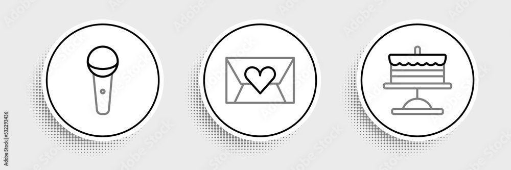 Set line Cake on plate, Microphone and Envelope with Valentine heart icon. Vector Set line Cake on plate, Microphone and Envelope with Valentine heart icon. Vector