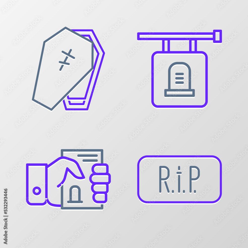 Set line Speech bubble rip death, Death certificate in hand, Signboard tombstone and Coffin with cross icon. Vector Set line Speech bubble rip death, Death certificate in hand, Signboard tombstone and Coffin with cross icon. Vector
