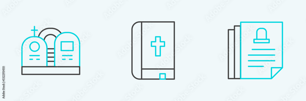 Set line Death certificate, Grave with tombstone and Holy bible book icon. Vector Set line Death certificate, Grave with tombstone and Holy bible book icon. Vector