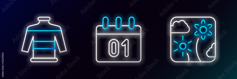 Set line Firework rocket, Christmas sweater and Calendar icon. Glowing neon. Vector Set line Firework rocket, Christmas sweater and Calendar icon. Glowing neon. Vector