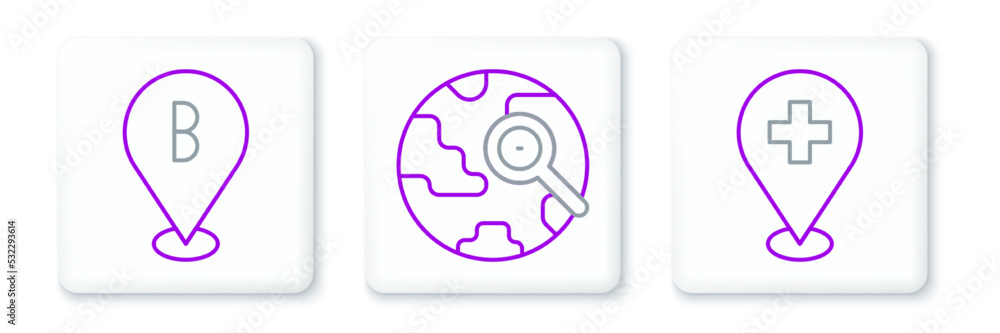Set line Medical location with cross, Location and Magnifying glass globe icon. Vector Set line Medical location with cross, Location and Magnifying glass globe icon. Vector