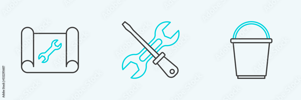 Set line Bucket, Graphing paper and wrench and Screwdriver icon. Vector Set line Bucket, Graphing paper and wrench and Screwdriver icon. Vector