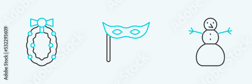 Set line Christmas snowman, wreath and Festive mask icon. Vector