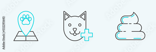Set line Shit, Map pointer with veterinary medicine hospital and Veterinary clinic symbol icon. Vector