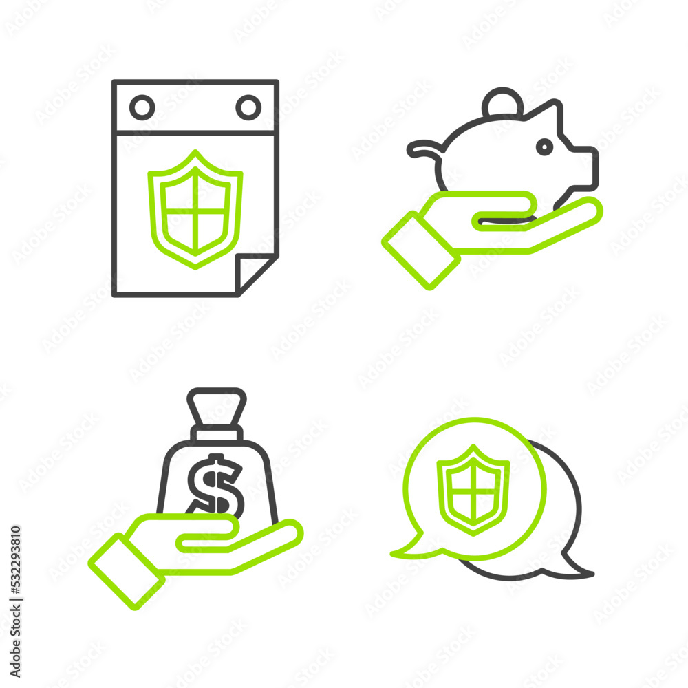Set line Location shield, Money in hand, Piggy bank and Calendar with icon. Vector Set line Location shield, Money in hand, Piggy bank and Calendar with icon. Vector