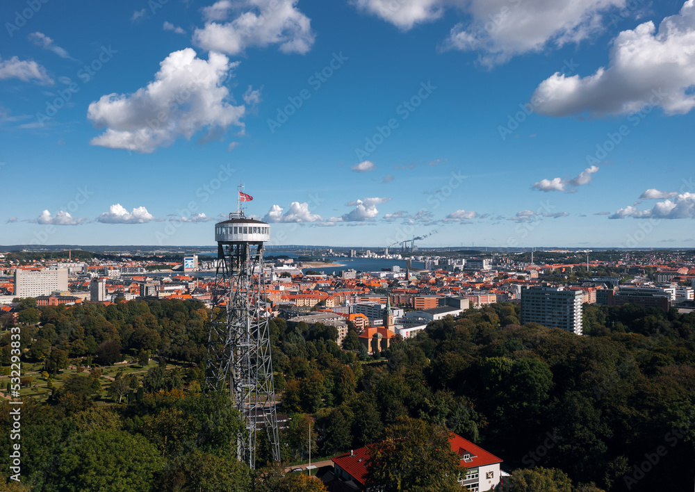 Panoramic summer cityscape of Aalborg (North Jutland, Denmark), with Aalborg Tower (Aalborgtårnet) in the foreground