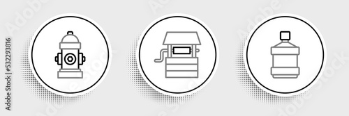 Set line Big bottle with clean water, Fire hydrant and Well bucket icon. Vector