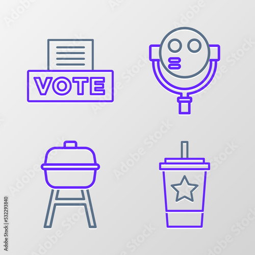 Set line Paper glass with straw, Barbecue grill, Tourist binoculars and Vote box icon. Vector