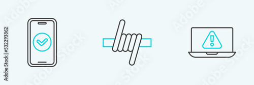 Set line Laptop with exclamation mark, Smartphone and Barbed wire icon. Vector