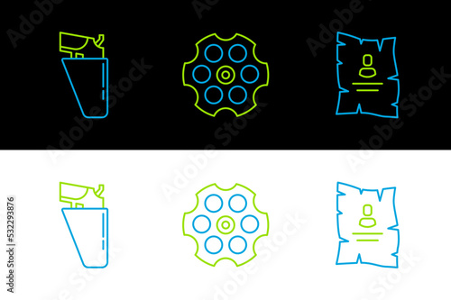 Set line Wanted western poster, Revolver gun in holster and cylinder icon. Vector