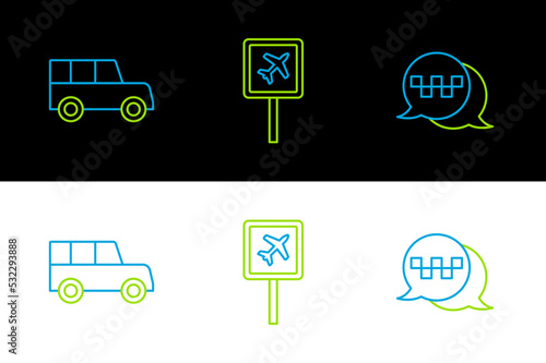 Set line Taxi call telephone service, Car and Airport icon. Vector