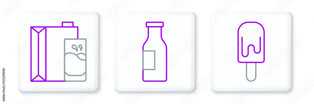 Set line Ice cream, Paper package for milk and Bottle with icon. Vector Set line Ice cream, Paper package for milk and Bottle with icon. Vector