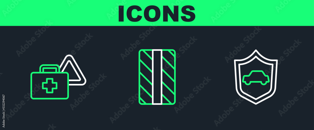 Set line Car with shield, First aid kit and warning triangle and tire wheel icon. Vector Set line Car with shield, First aid kit and warning triangle and tire wheel icon. Vector