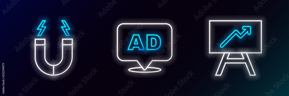 Set line Board with graph chart, Magnet and Advertising icon. Glowing neon. Vector Set line Board with graph chart, Magnet and Advertising icon. Glowing neon. Vector