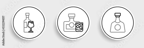 Set line Tequila bottle, Wine with glass and Whiskey and icon. Vector