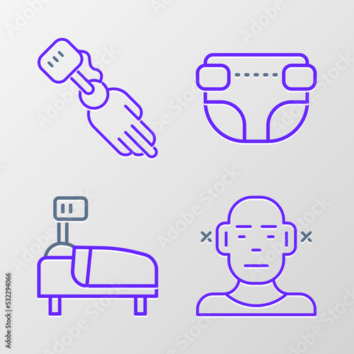 Set line Deaf, Hospital bed, Adult diaper and Prosthesis hand icon. Vector