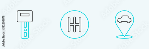 Set line Location with car service, Car key remote and Gear shifter icon. Vector