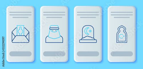 Set line Muslim woman in niqab, cemetery, Donate or pay your zakat and Mosque icon. Vector